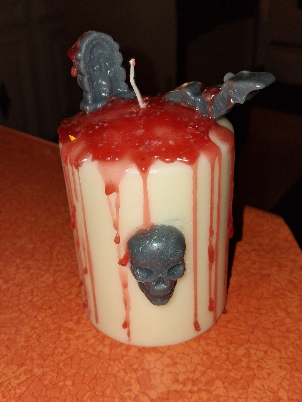 Hand-Poured Cream and Red Halloween Skull Candle